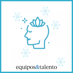 El presente ya es híbrido (5) Icono azul de perfil de cabeza humana con loto sobre la frente dentro de cuadrado con borde celeste